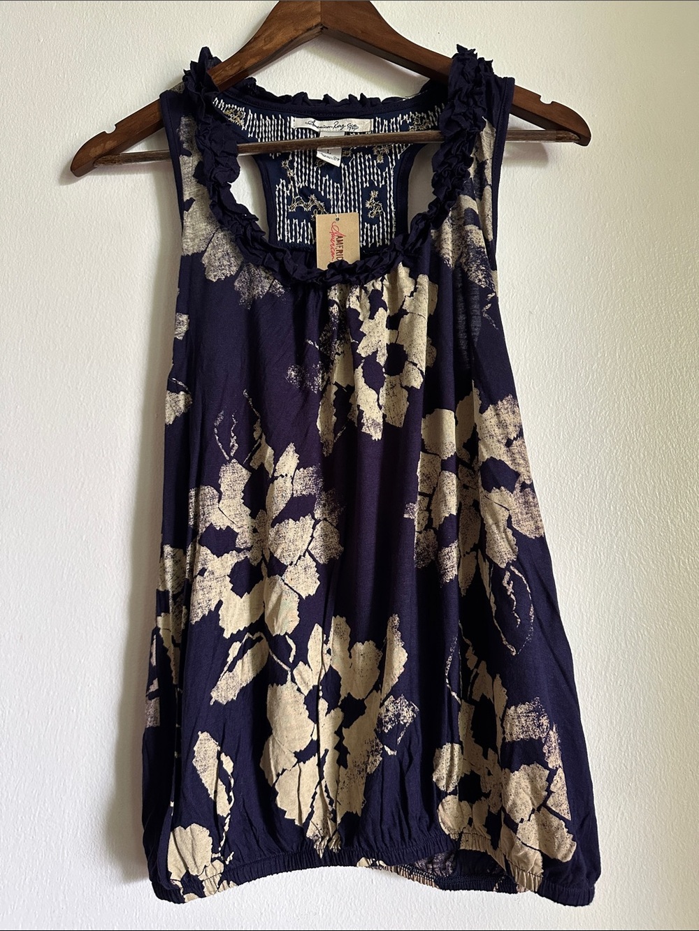 American Rag Navy and Cream Floral Ruffle-Trim Tank